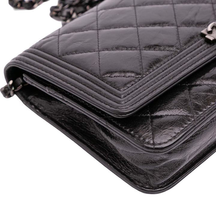 Quilted Shiny Aged Calfskin Boy Wallet On Chain Black - Gaby Paris