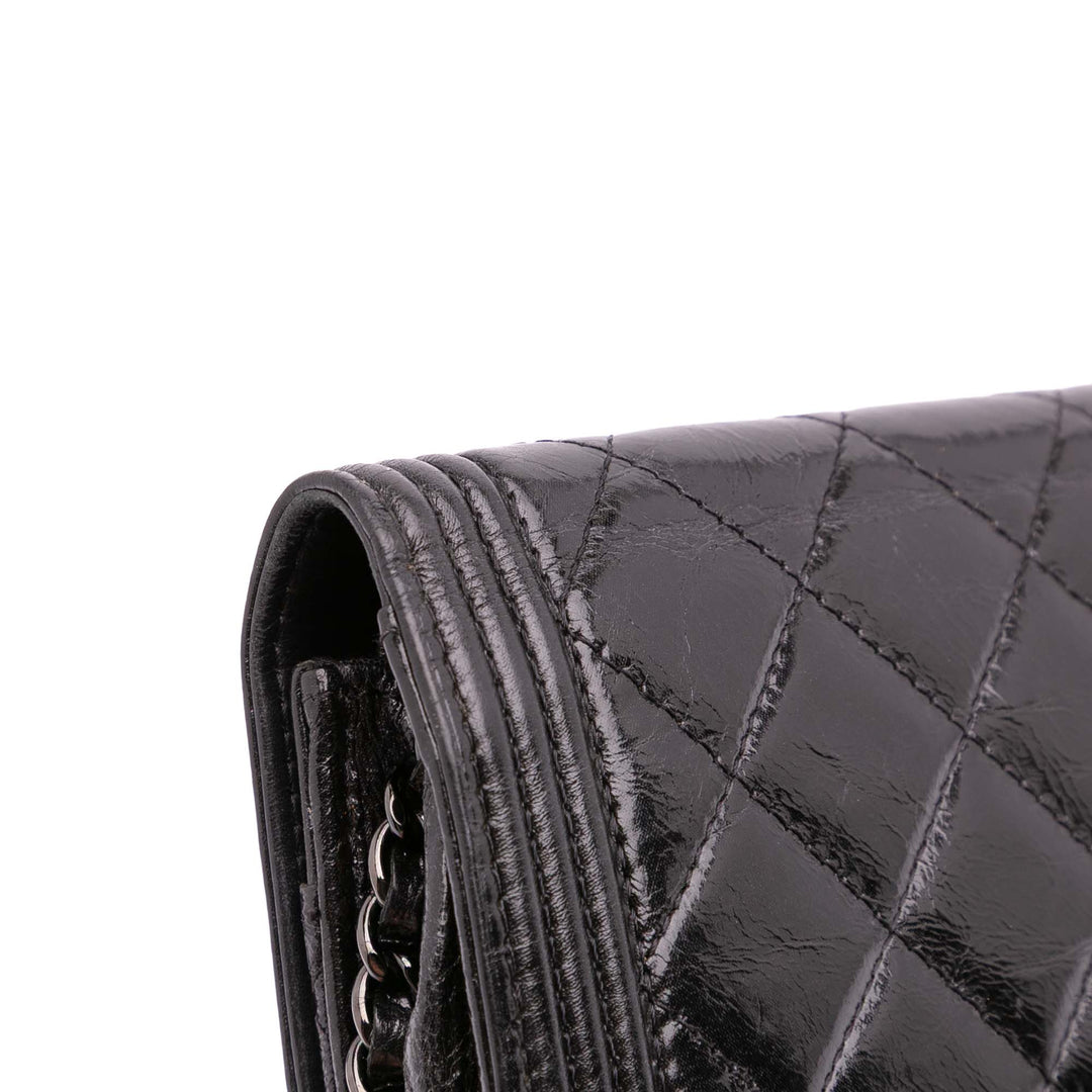 Quilted Shiny Aged Calfskin Boy Wallet On Chain Black - Gaby Paris