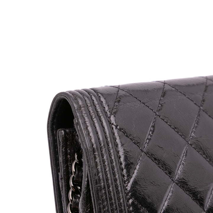 Quilted Shiny Aged Calfskin Boy Wallet On Chain Black - Gaby Paris