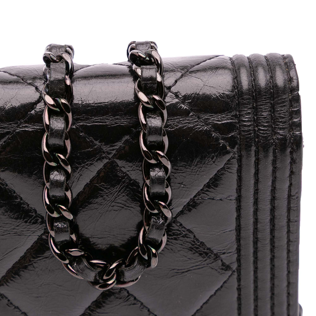 Quilted Shiny Aged Calfskin Boy Wallet On Chain Black - Gaby Paris