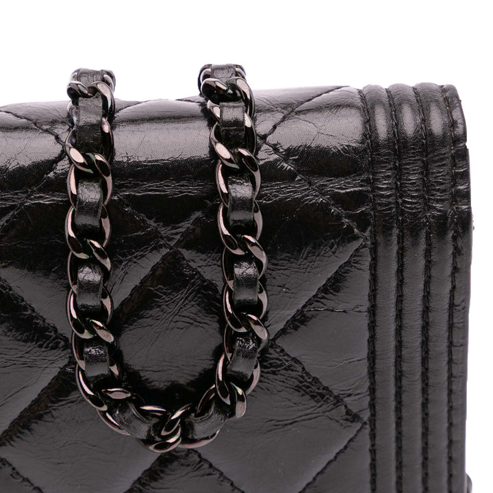 Quilted Shiny Aged Calfskin Boy Wallet On Chain Black - Gaby Paris