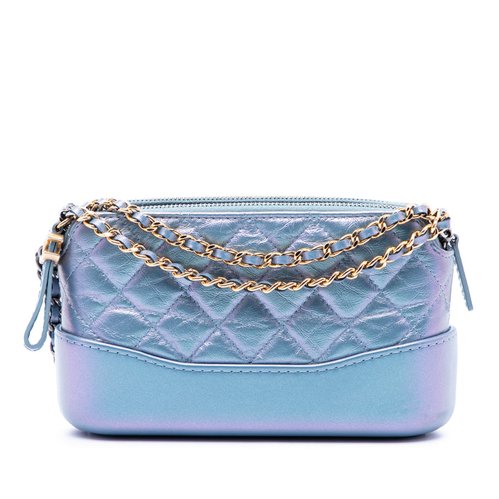 Irisé vieilli Gabrielle Double Zippé Pochette avec chaîne Cuir de veau Bleu