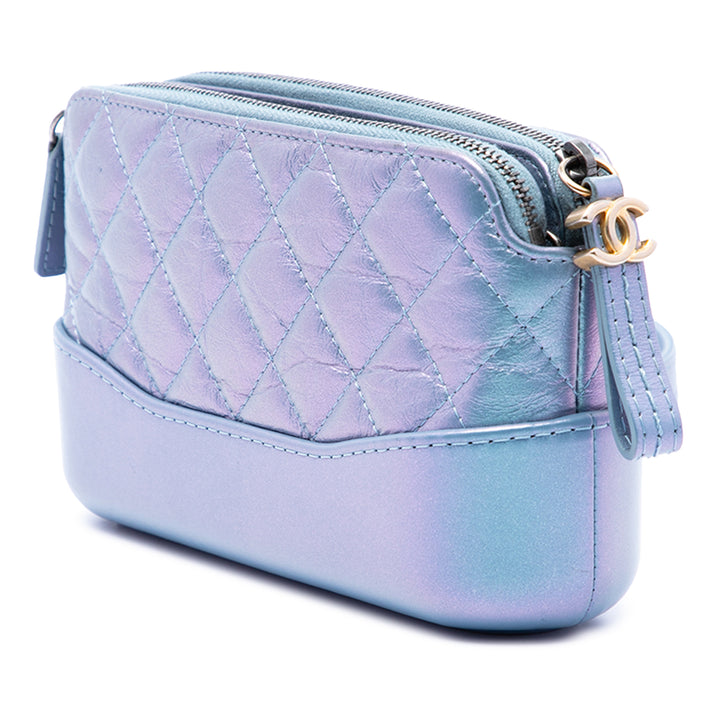 Irisé vieilli Gabrielle Double Zippé Pochette avec chaîne Cuir de veau Bleu
