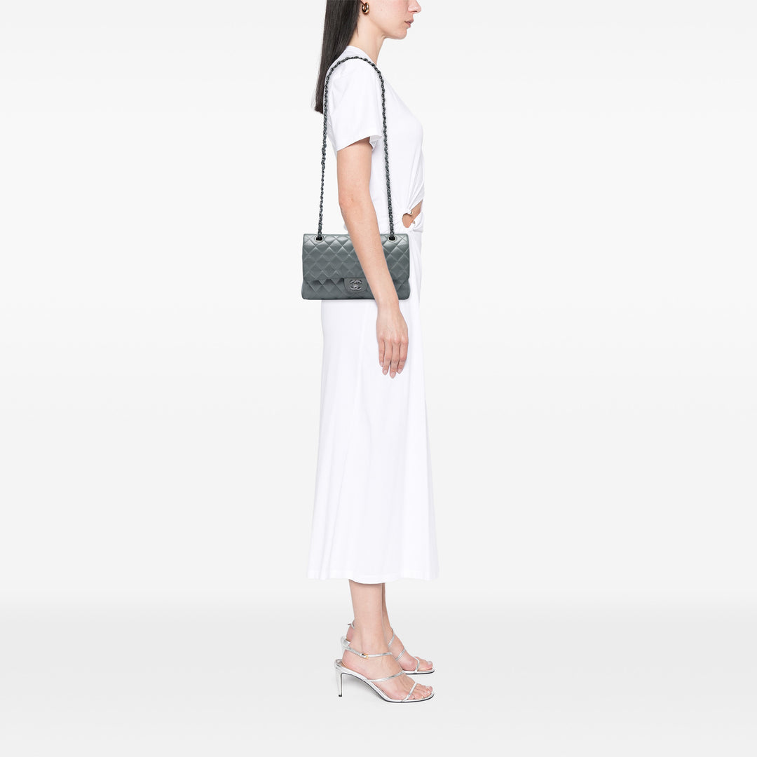 Chanel Classic Double rabat Moyen Cuir d'agneau Argenté