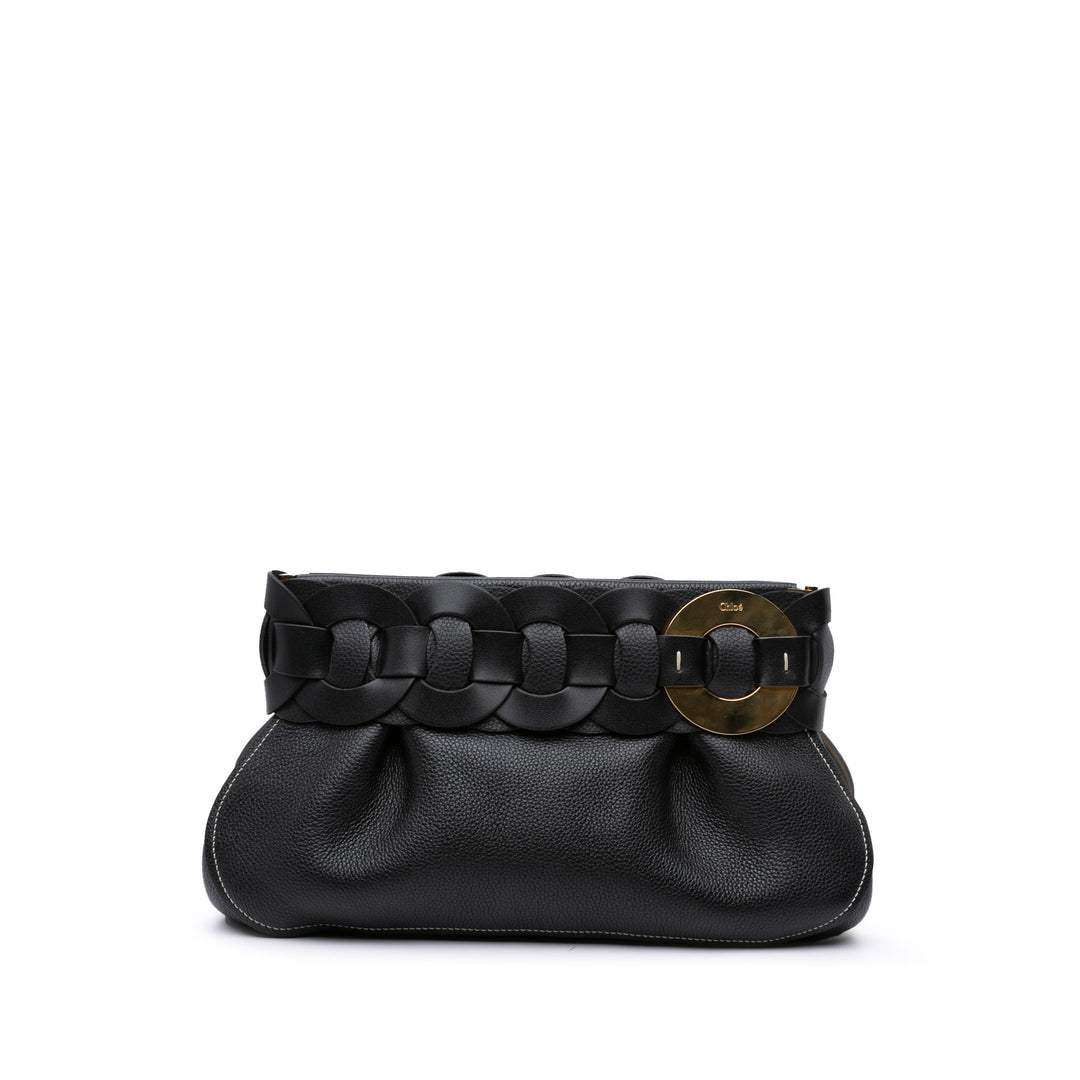Grained Calfskin Braided Ring Darryl Clutch Black - Gaby Paris