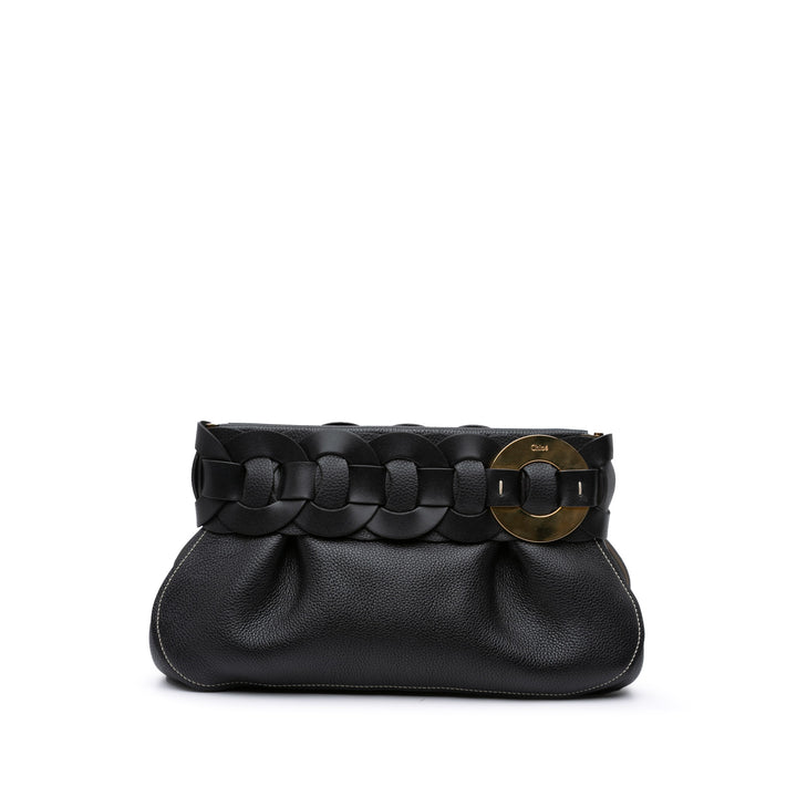 Grained Calfskin Braided Ring Darryl Clutch Black - Gaby Paris