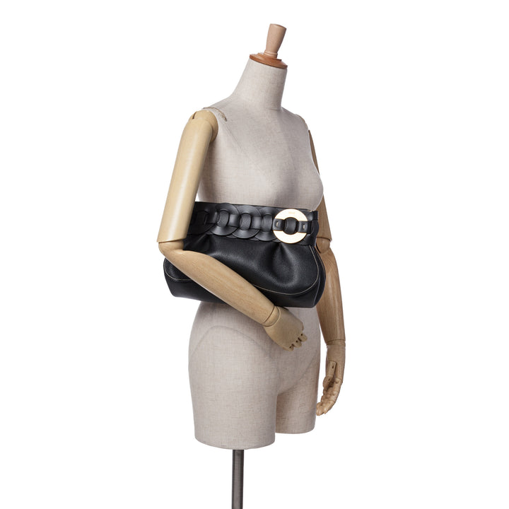 Grained Calfskin Braided Ring Darryl Clutch Black - Gaby Paris