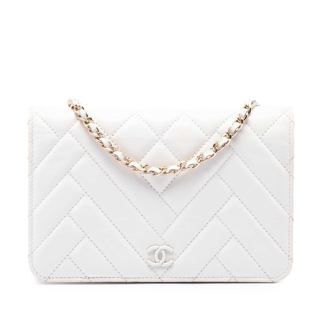 CC froissé Chevron Wallet on Chain Cuir de veau Blanc