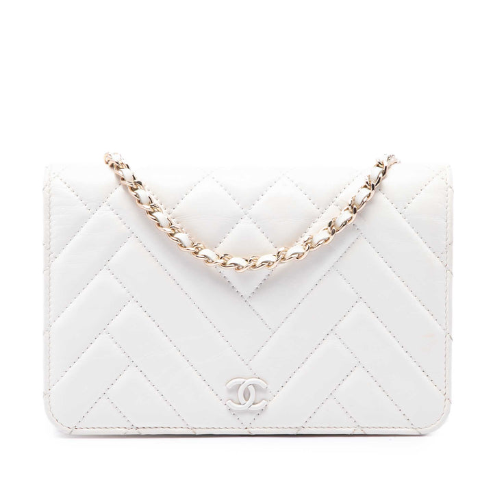 CC froissé Chevron Wallet on Chain Cuir de veau Blanc