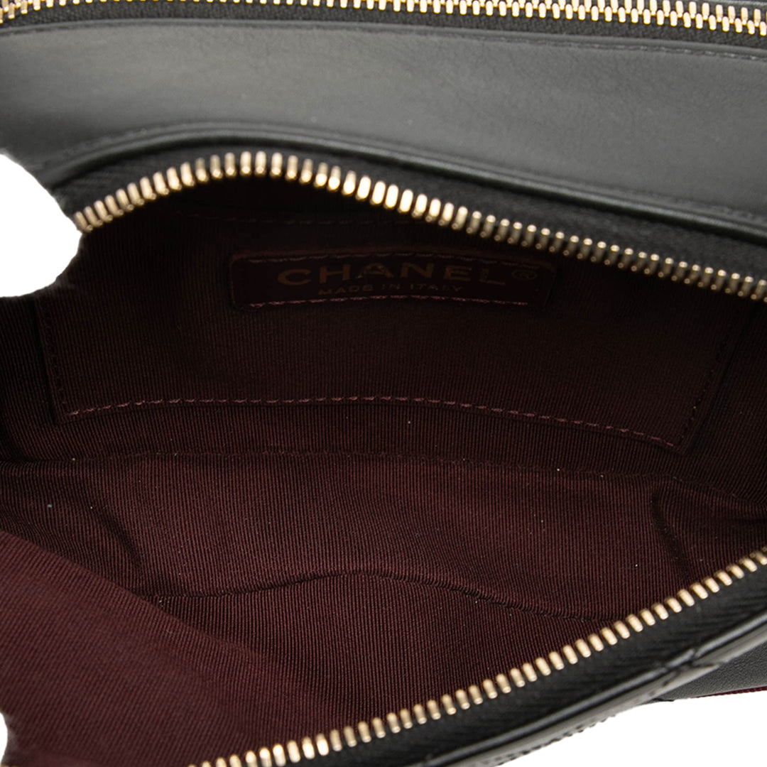 Chanel Surpiqué et Grosgrain Bouton Up Double Zippé Sac caméra Cuir de veau Noir