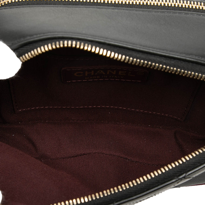 Chanel Surpiqué et Grosgrain Bouton Up Double Zippé Sac caméra Cuir de veau Noir