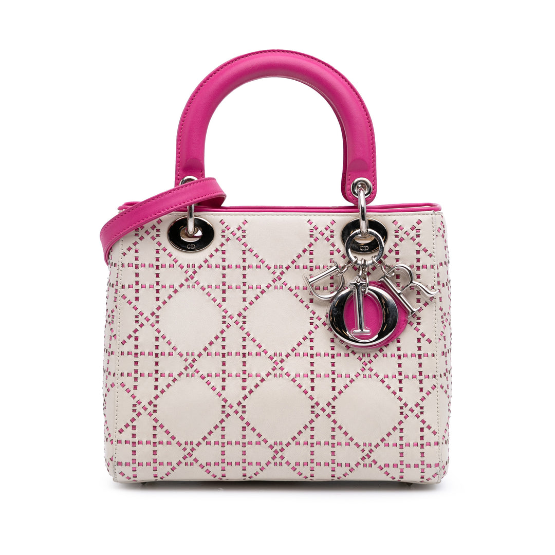 Medium Lambskin Cannage Stitched Lady Dior White - Gaby Paris
