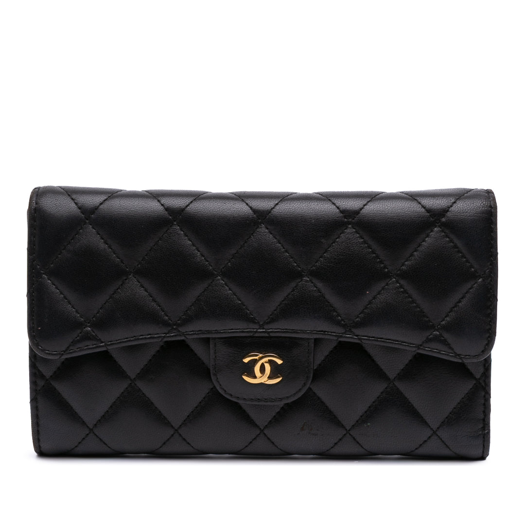 Large CC Quilted Lambskin Flap Wallet Black - Gaby Paris