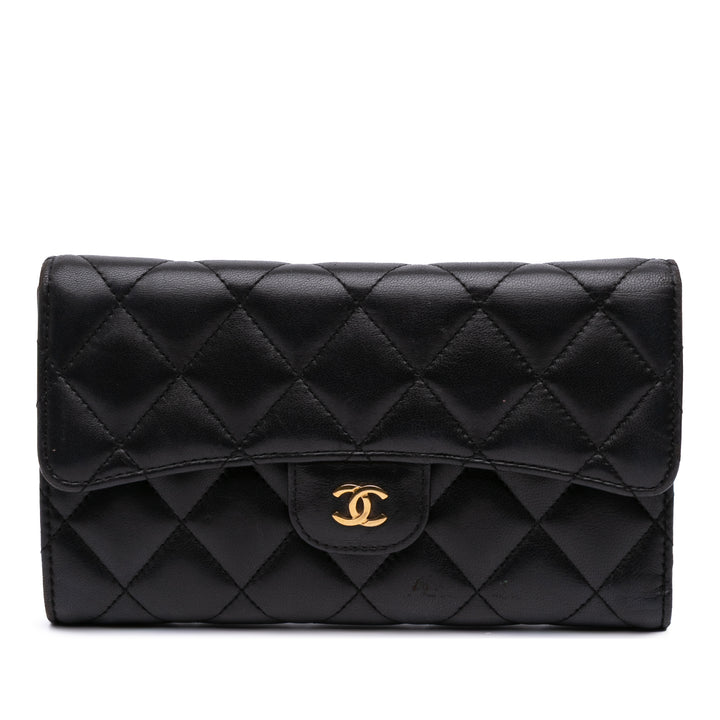Large CC Quilted Lambskin Flap Wallet Black - Gaby Paris