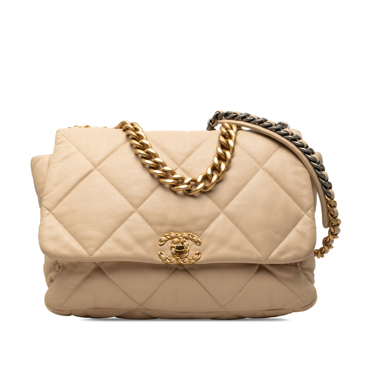 Chanel Sac à main 19 à rabat Maxi Cuir d'agneau Beige – vue principale – GABY PARIS