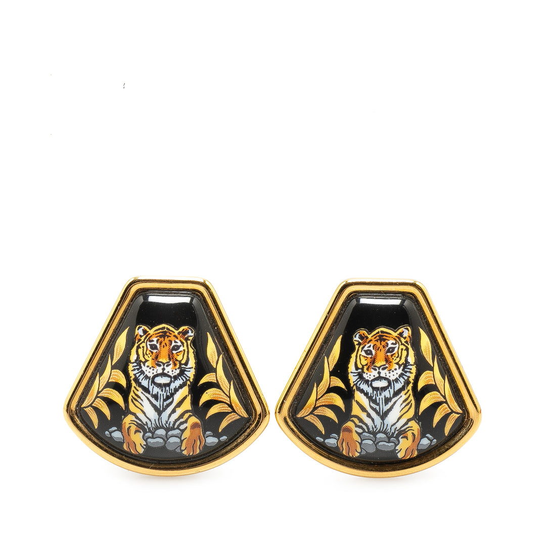 Royal Tiger Cloisonne Enamel Clip On Earrings Black - Gaby Paris