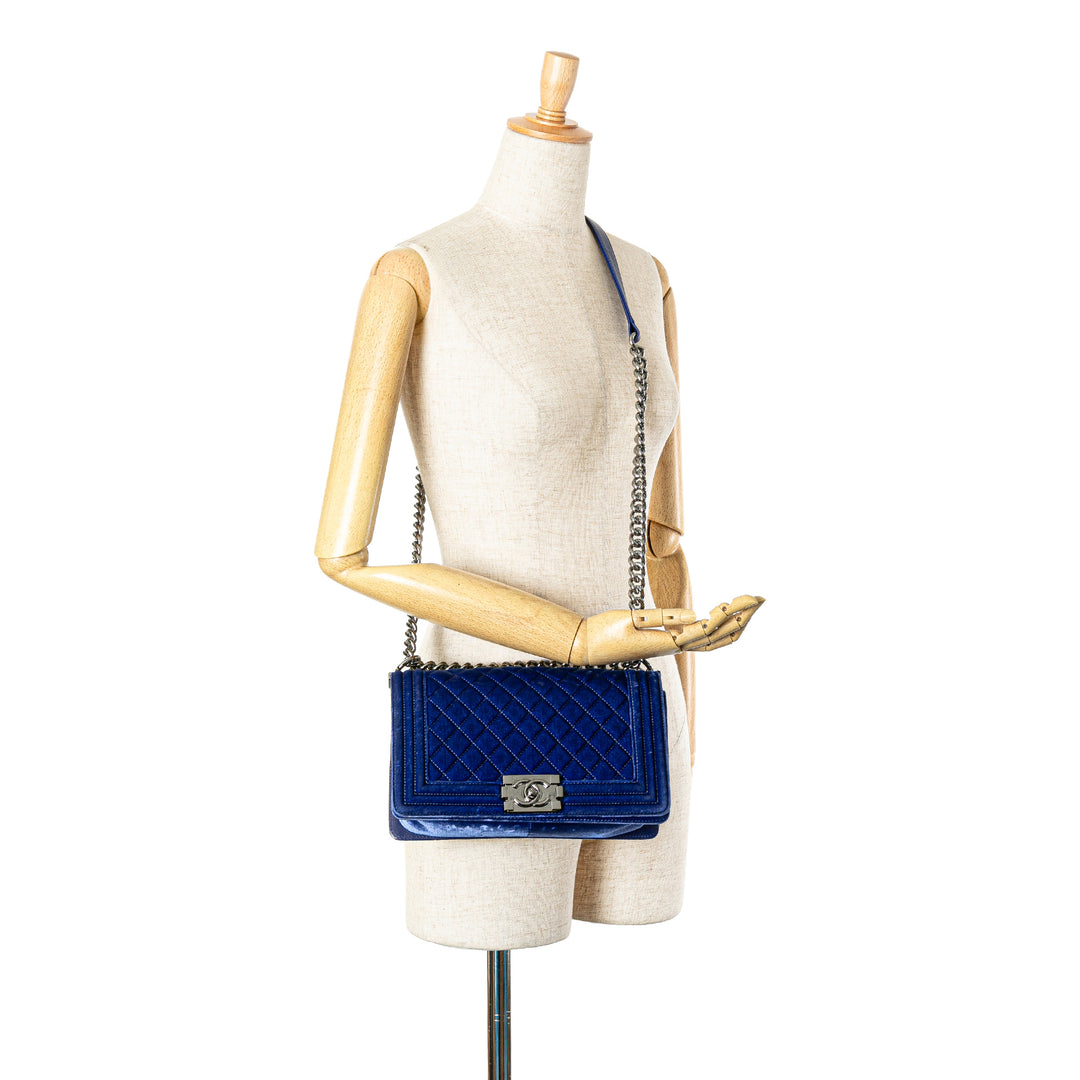 Medium Quilted Velvet Boy Flap Blue - Gaby Paris