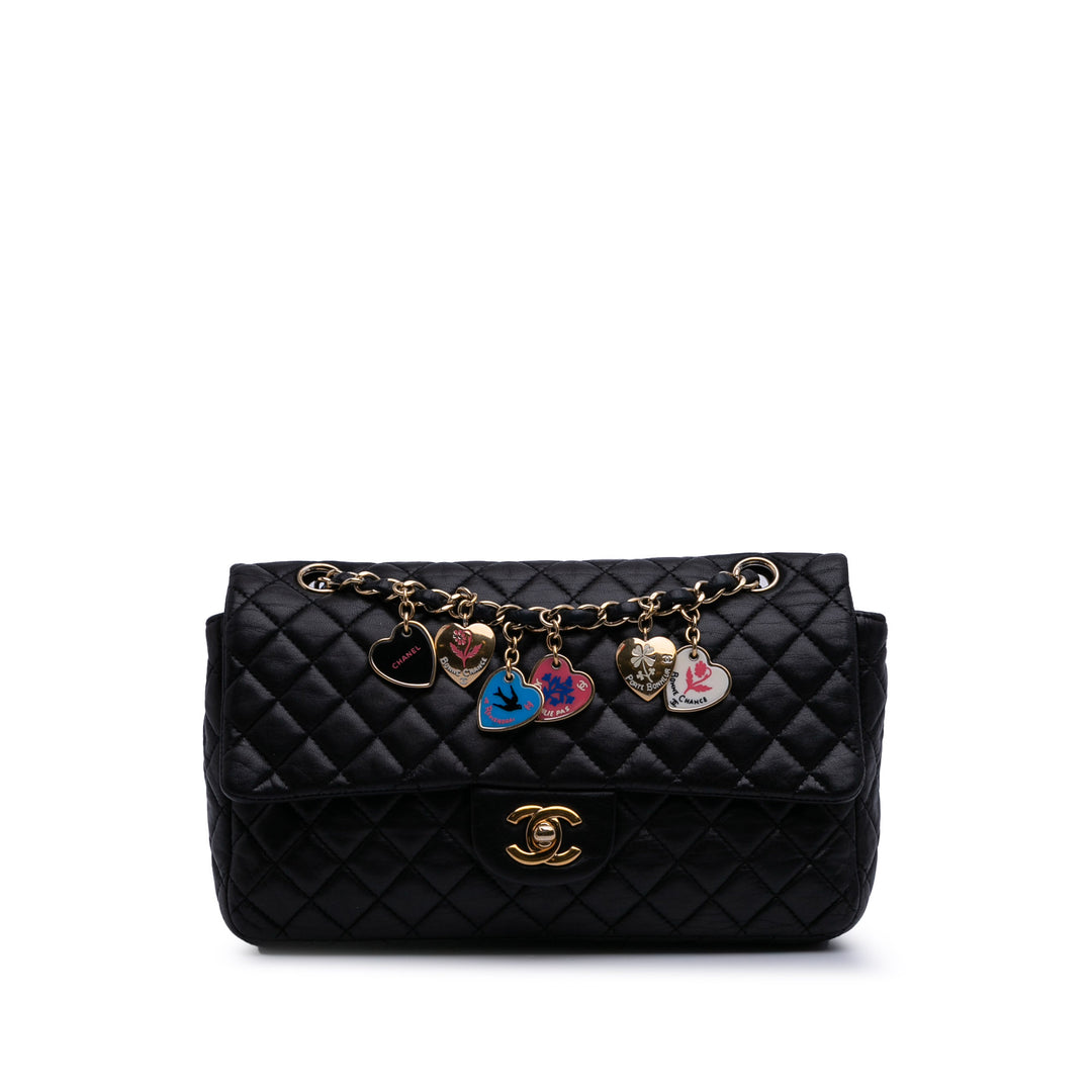 Medium Classic Lambskin Valentines Heart Charms Single Flap Black - Gaby Paris