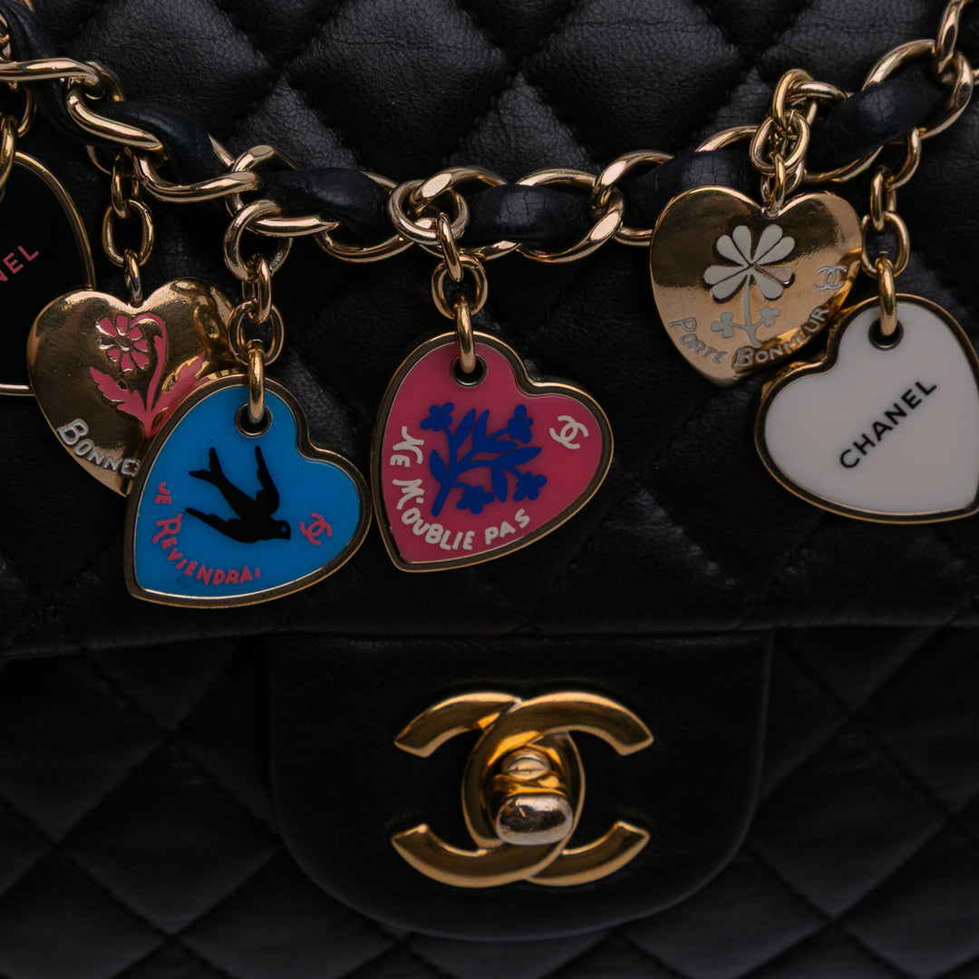 Medium Classic Lambskin Valentines Heart Charms Single Flap Black - Gaby Paris