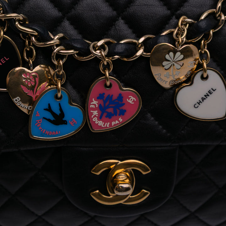 Medium Classic Lambskin Valentines Heart Charms Single Flap Black - Gaby Paris