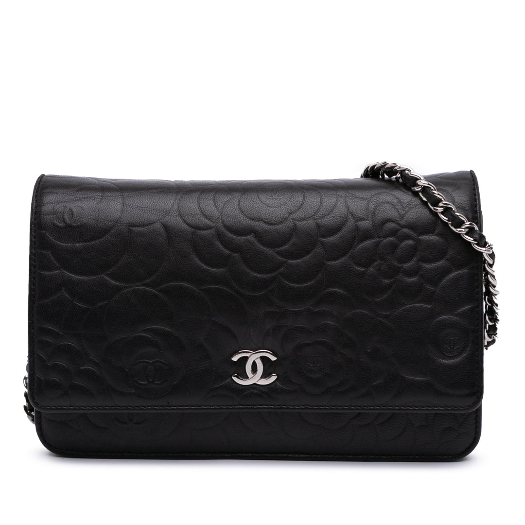 Lambskin Camellia Embossed Wallet On Chain Black - Gaby Paris