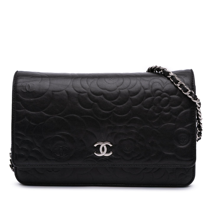 Lambskin Camellia Embossed Wallet On Chain Black - Gaby Paris