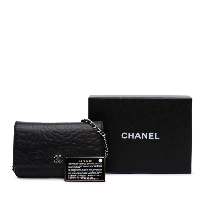 Lambskin Camellia Embossed Wallet On Chain Black - Gaby Paris