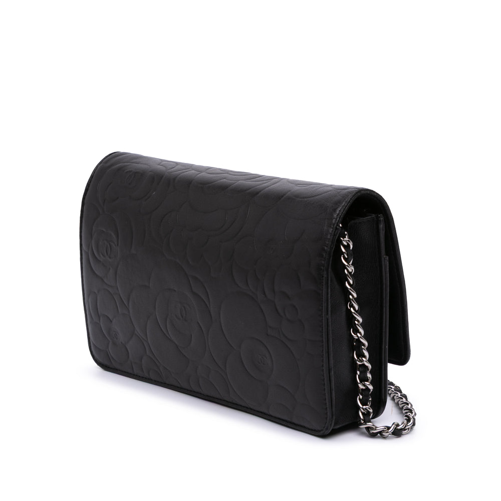 Lambskin Camellia Embossed Wallet On Chain Black - Gaby Paris