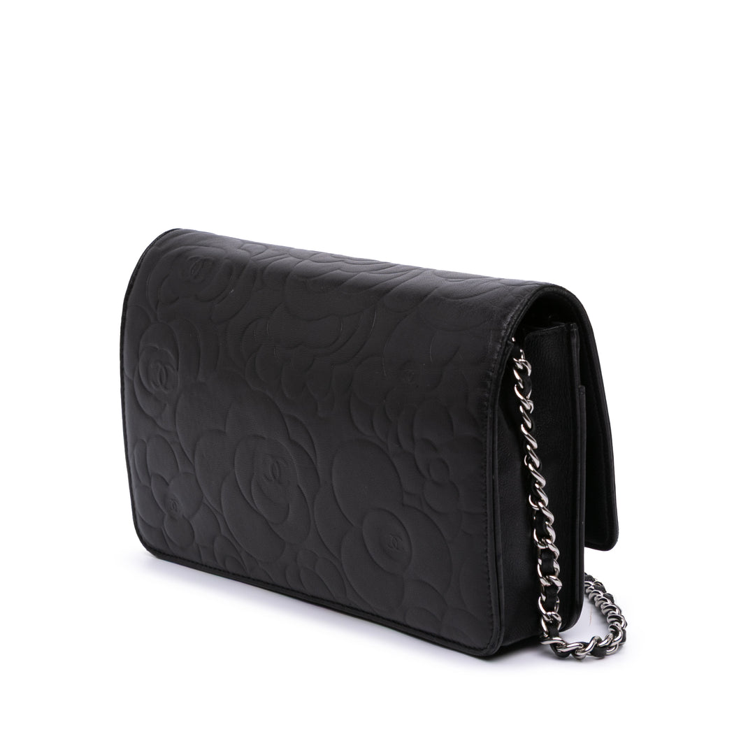 Lambskin Camellia Embossed Wallet On Chain Black - Gaby Paris
