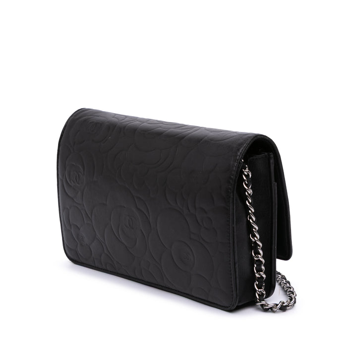 Lambskin Camellia Embossed Wallet On Chain Black - Gaby Paris