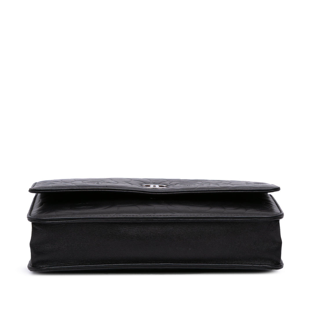 Lambskin Camellia Embossed Wallet On Chain Black - Gaby Paris