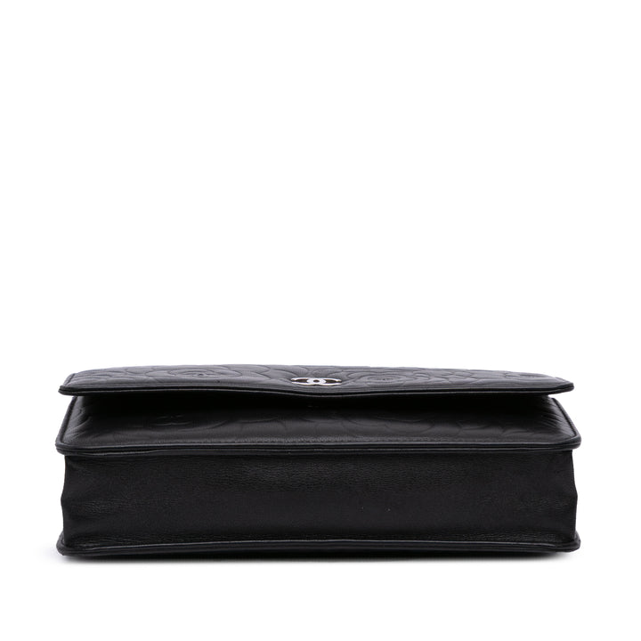 Lambskin Camellia Embossed Wallet On Chain Black - Gaby Paris