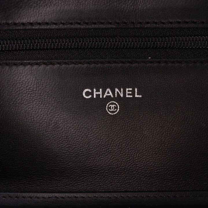 Lambskin Camellia Embossed Wallet On Chain Black - Gaby Paris