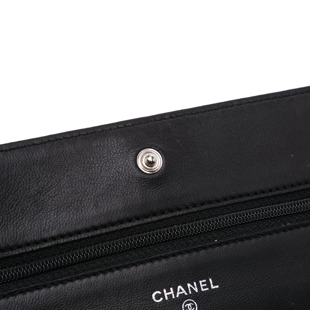 Lambskin Camellia Embossed Wallet On Chain Black - Gaby Paris