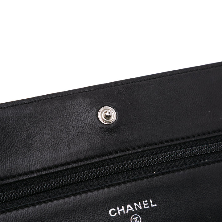 Lambskin Camellia Embossed Wallet On Chain Black - Gaby Paris