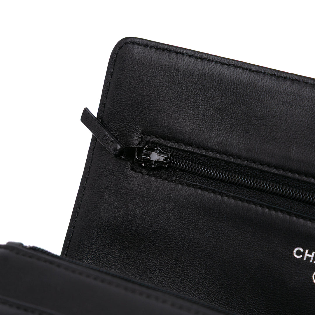 Lambskin Camellia Embossed Wallet On Chain Black - Gaby Paris