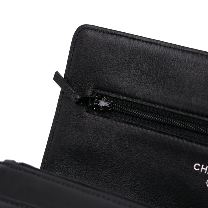 Lambskin Camellia Embossed Wallet On Chain Black - Gaby Paris