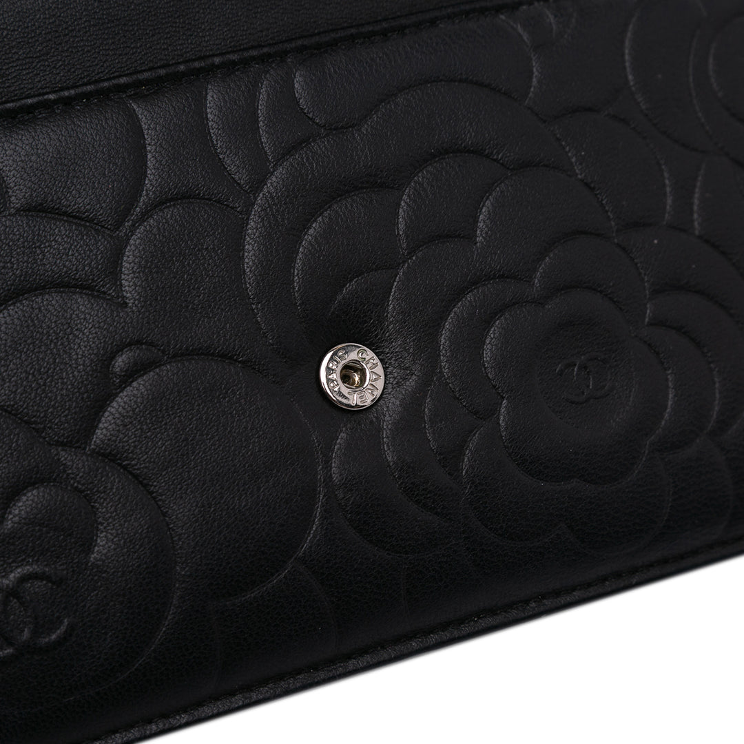 Lambskin Camellia Embossed Wallet On Chain Black - Gaby Paris