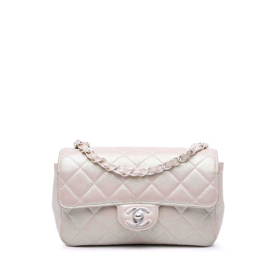 Mini Rectangular Classic Iridescent Lambskin Single Flap White - Gaby Paris