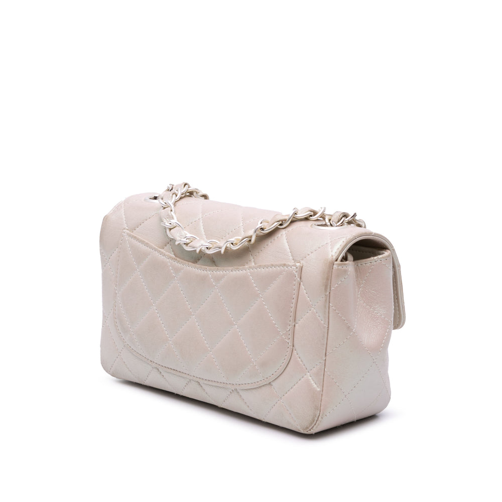 Mini Rectangular Classic Iridescent Lambskin Single Flap White - Gaby Paris