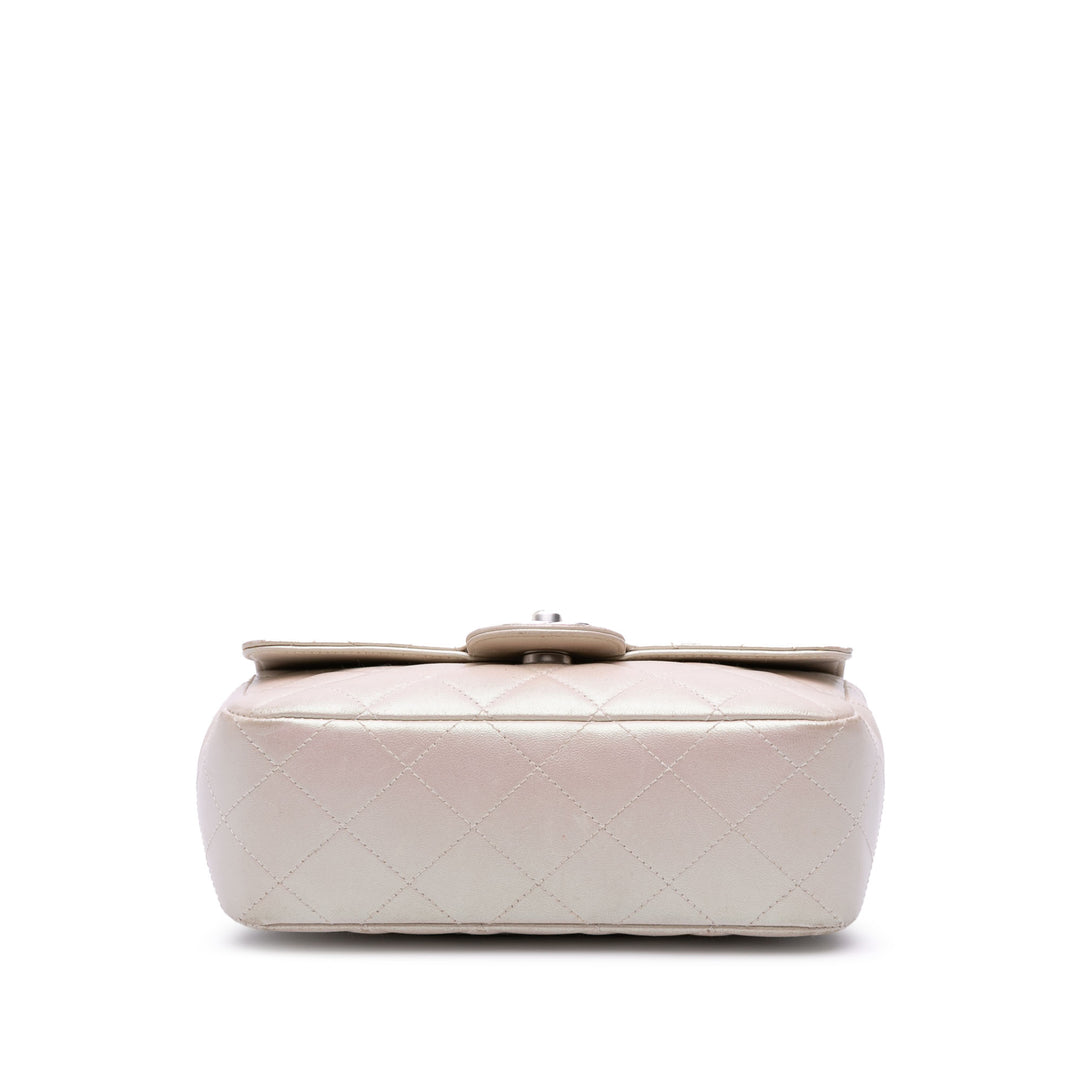Mini Rectangular Classic Iridescent Lambskin Single Flap White - Gaby Paris