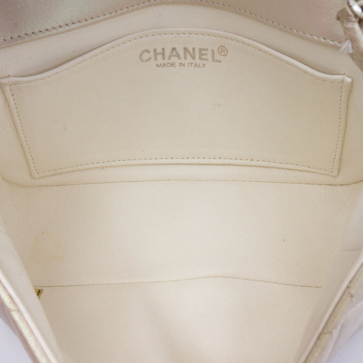 Mini Rectangular Classic Iridescent Lambskin Single Flap White - Gaby Paris