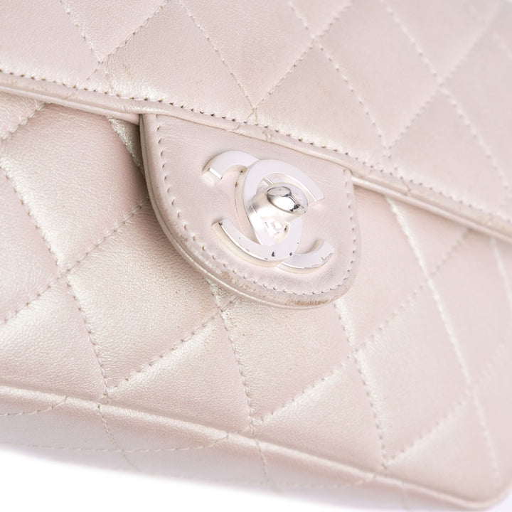 Mini Rectangular Classic Iridescent Lambskin Single Flap White - Gaby Paris