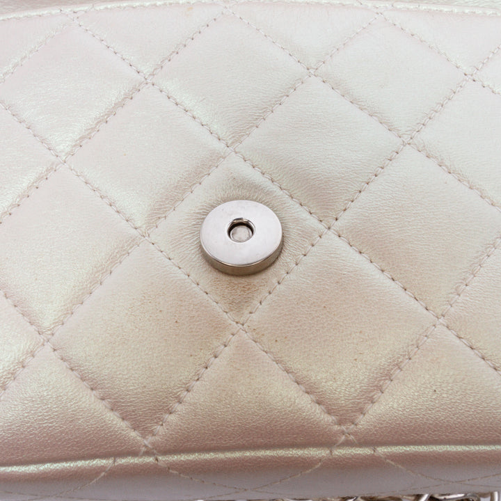 Mini Rectangular Classic Iridescent Lambskin Single Flap White - Gaby Paris
