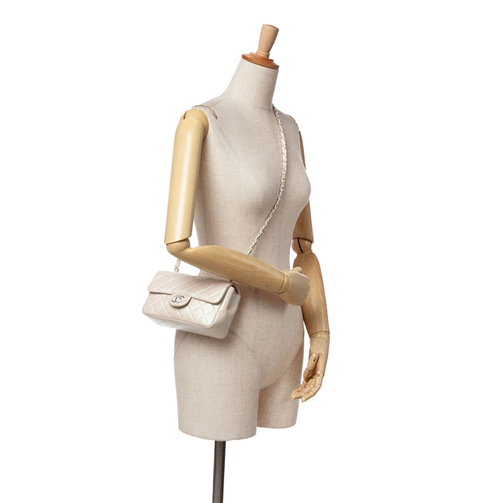 Mini Rectangular Classic Iridescent Lambskin Single Flap White - Gaby Paris