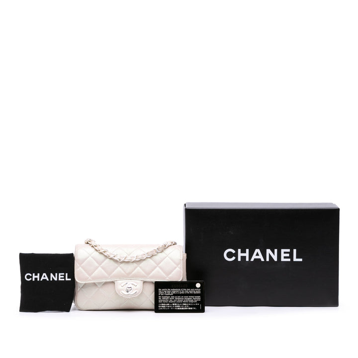Mini Rectangular Classic Iridescent Lambskin Single Flap White - Gaby Paris