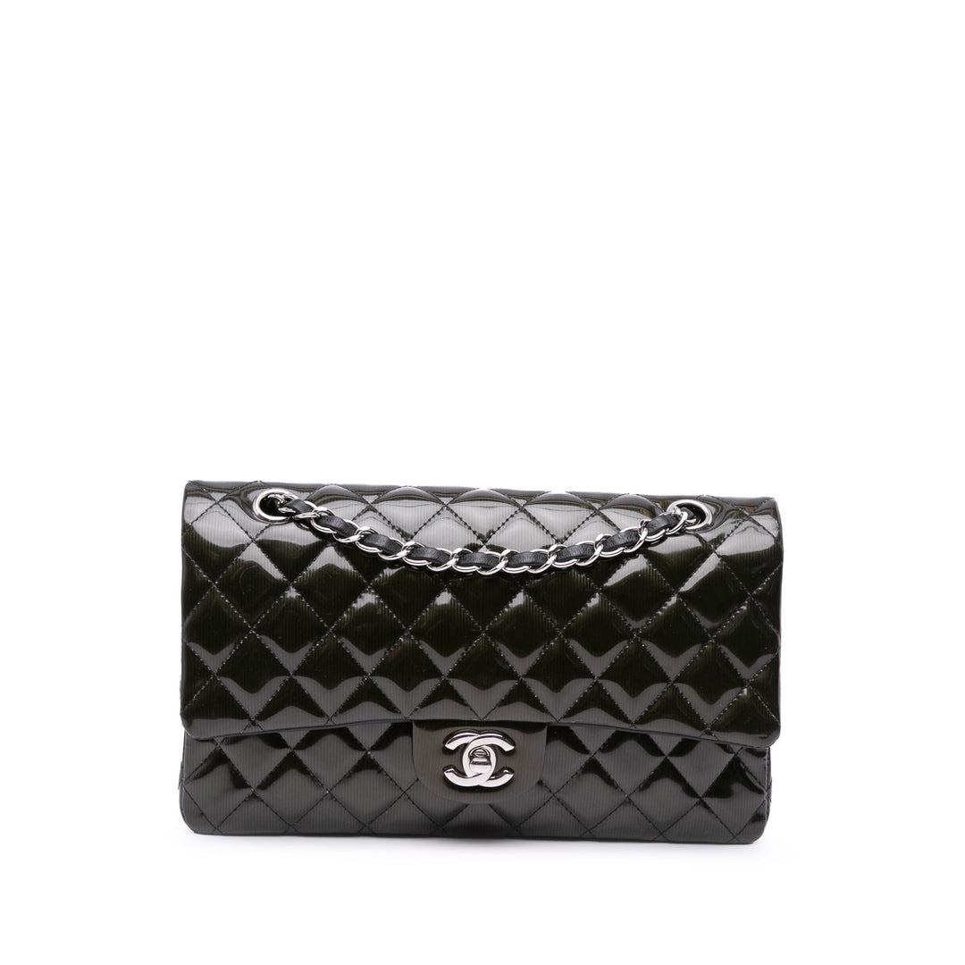 Medium Classic Striped Patent Double Flap Black - Gaby Paris