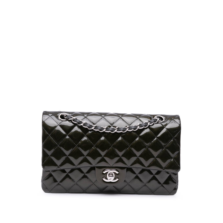 Medium Classic Striped Patent Double Flap Black - Gaby Paris