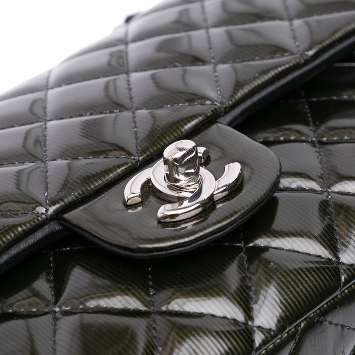 Medium Classic Striped Patent Double Flap Black - Gaby Paris