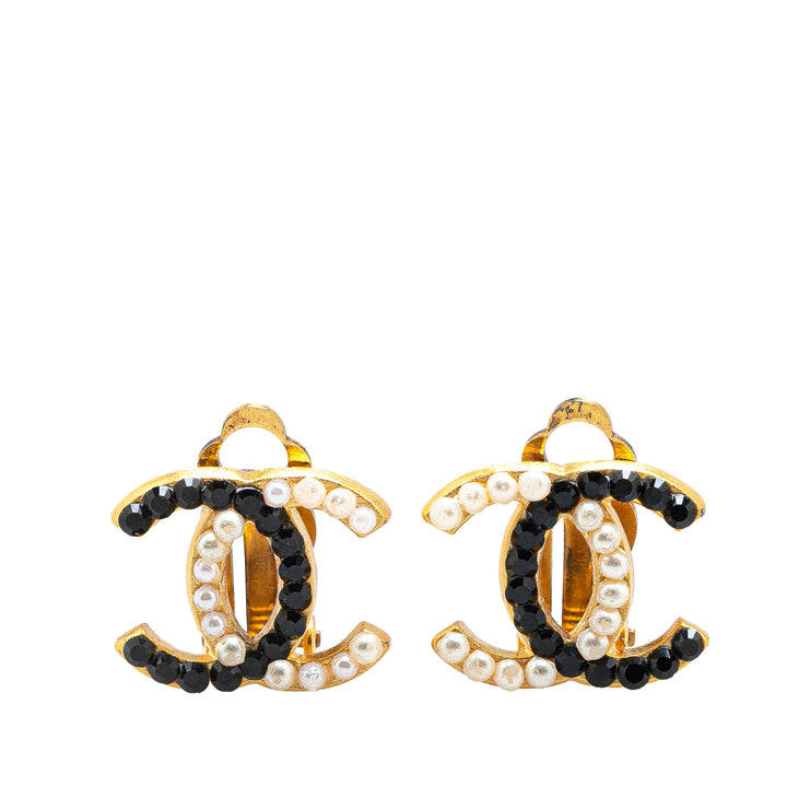 Gold Plated CC Faux Pearl and Rhinestones Clip On Earrings Gold - Gaby Paris